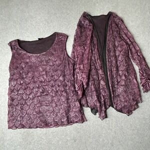 PICADILLY Womens L G Purple Textured‎ Overlay Duster Cardigan & Tank Set Shimmer